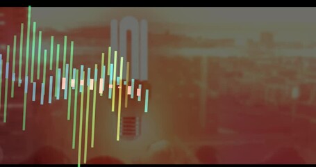 Multicolored audio waveform bars rising over urban skyline, featuring vintage microphone silhouette - Powered by Adobe