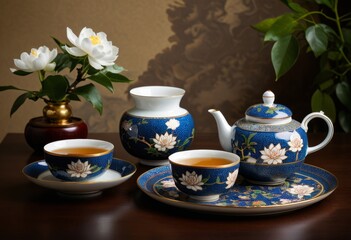 Three cups of tea and a teapot were placed on one table