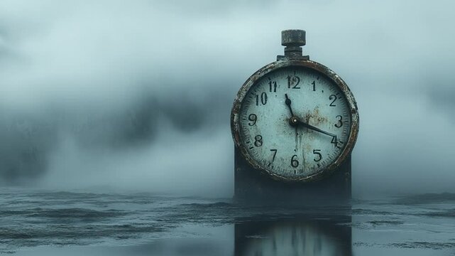 A vintage clock surrounded by fog, symbolizing the passage of time in a serene landscape