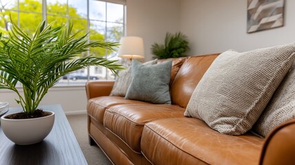 Cozy living room with tan leather couch and plants