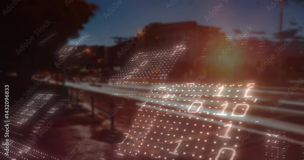 Poster floating binary code streaming across urban dusk street with glowing vehicle light streaks