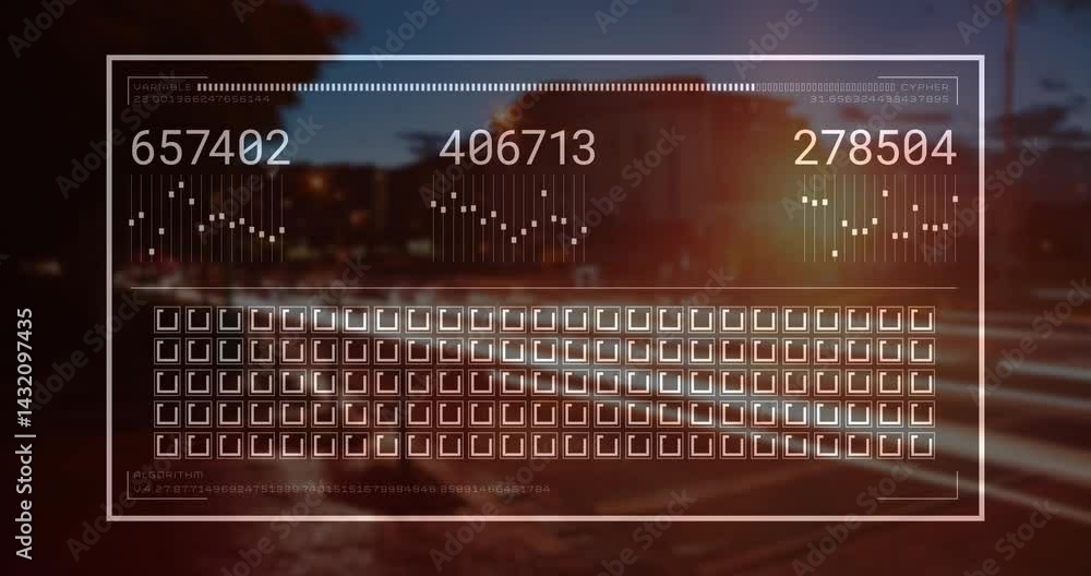 Aufkleber futuristic ui overlay floating over night city scene, featuring variable bar charts numeric icons