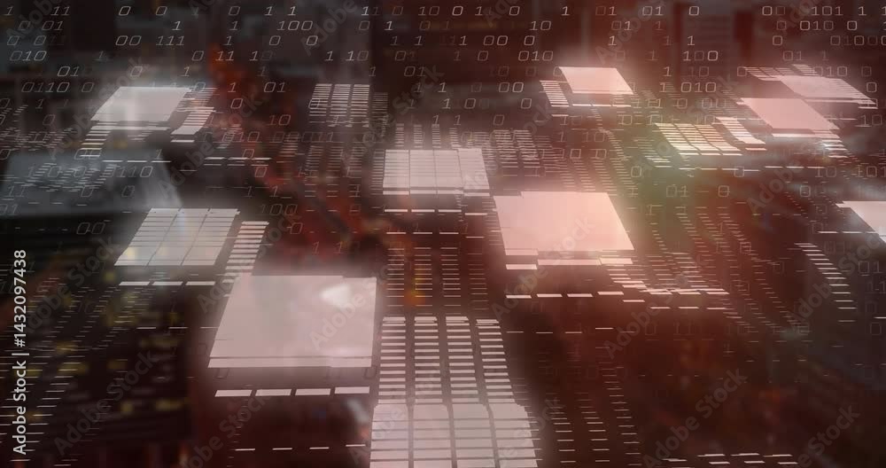 Poster translucent square data panels floating in glowing cyberspace with binary streams and grid overlays