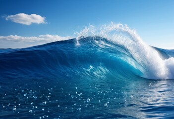 Surfers ride big waves in the ocean on a sunny day