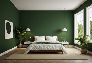 Fototapeta premium Bedroom with green walls and a white bed