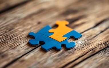 Close-up Two Piece Blue Yellow Jigsaw Puzzle on Wooden Surface