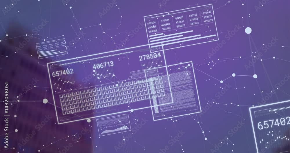 Poster virtual keyboard floating in futuristic dashboard displaying panels, numbers and glowing nodes
