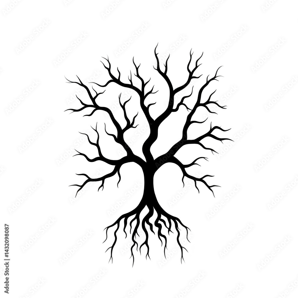 Poster silhouette of tree with bare branches and visible roots creates striking and artistic design. intric