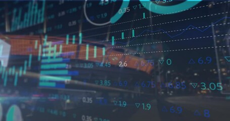 Flat design orange commuter train moving across night city, showing real time stock market overlay - Powered by Adobe