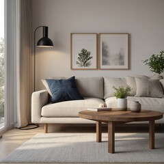 Minimal living room with sofa and pillow, small wood cabinet, shelf with candles and books, clean white wall with space for product mockup or branding, natural daylight, cozy and stylish 8k render