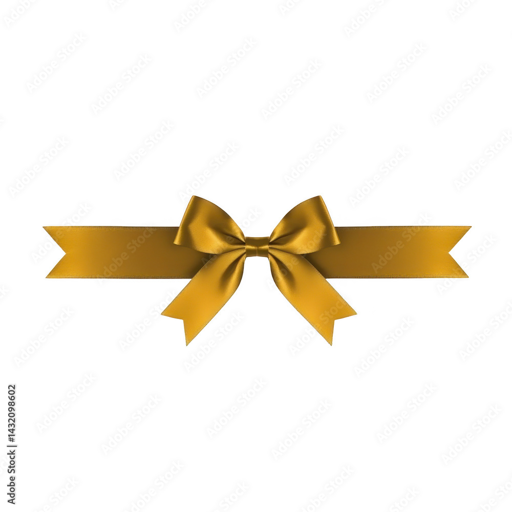 Poster golden ribbon bow with elegant loops and tails is centered on transparent background, perfect for gi