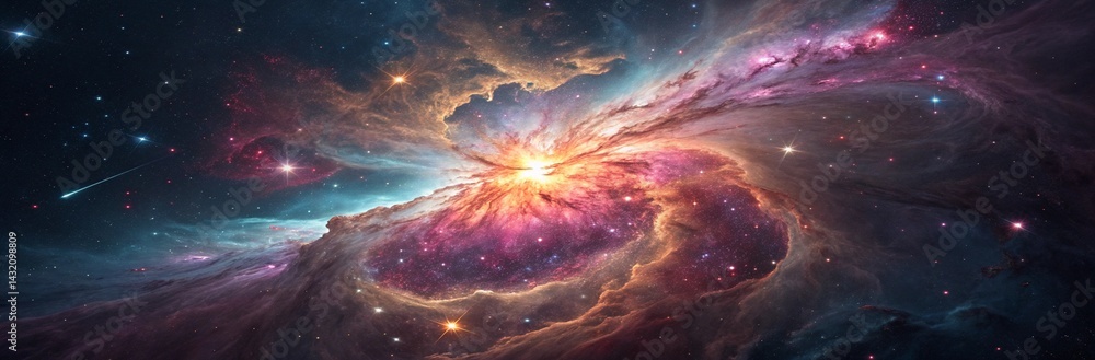 Aufkleber a vibrant nebula with swirling clouds of color and bright stars in a dark cosmic background view cre