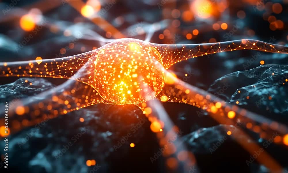 Aufkleber close-up view of a glowing neuron with vibrant connections on a textured surface, illustrating neura