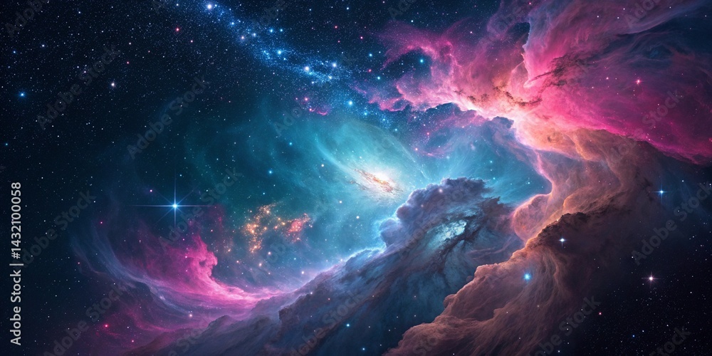 Aufkleber a vibrant nebula with pink and blue clouds and stars in the dark expanse of outer space view created