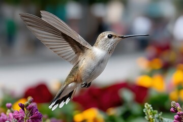 Obraz premium A stunning hummingbird is captured mid-flight, showcasing its intricate features against a vibrant backdrop of blooming flowers, symbolizing nature's beauty and fragility.