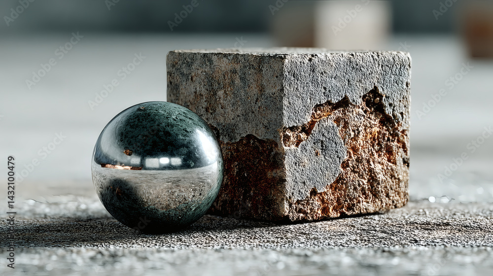 Aufkleber metallic sphere and textured cube on abstract surface close-up
