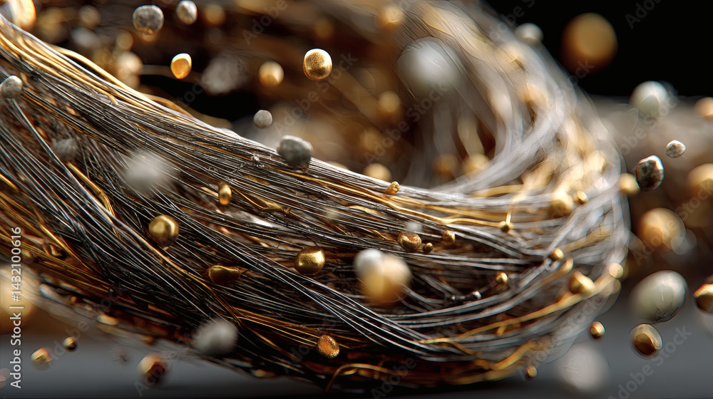 Poster metallic wire and spheres creating abstract dynamic composition