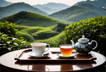 The tray has a teapot and a cup