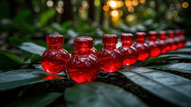 Mystical Red Elixirs in a Forest Setting: A Captivating Image