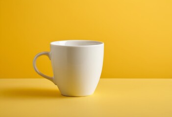 There is a white cup sitting on a yellow surface