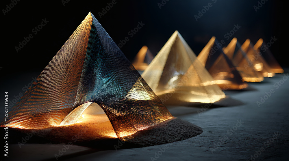 Poster modern artistic pyramids with light and shadow in dark environment