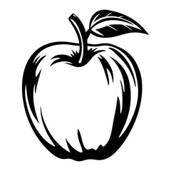 Stylized black and white apple with a leaf and stem vector illustration