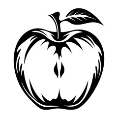 Stylized Black and White Apple Slice with Stem and Leaf Illustration
