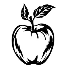 Stylized Black and White Apple Drawing with Leaves and Stem