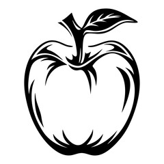 Stylized Black and White Apple Illustration with a Leaf and Detailed Outline
