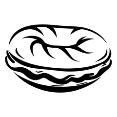 Stylized black and white image of a filled donut with abstract design