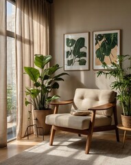 Earth-tone minimalist living room, single cushioned chair with wooden legs, compact natural wood cabinet, open wall shelf with indoor plants and ceramics, abstract wall art, sunlight streaming through