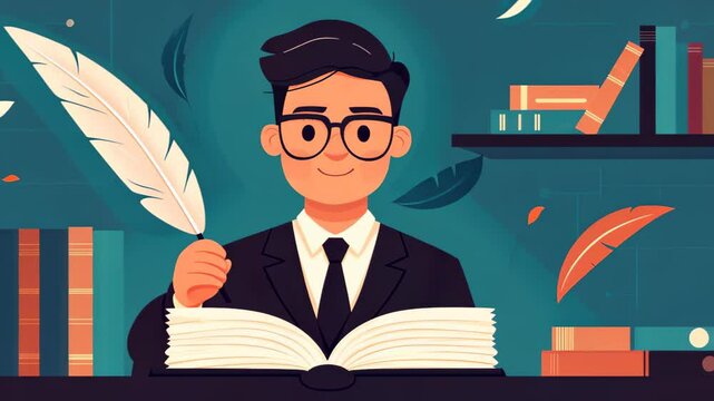 Unique vector art features a man with a book for a head, quill in hand, set in a charming vintage library backdrop.