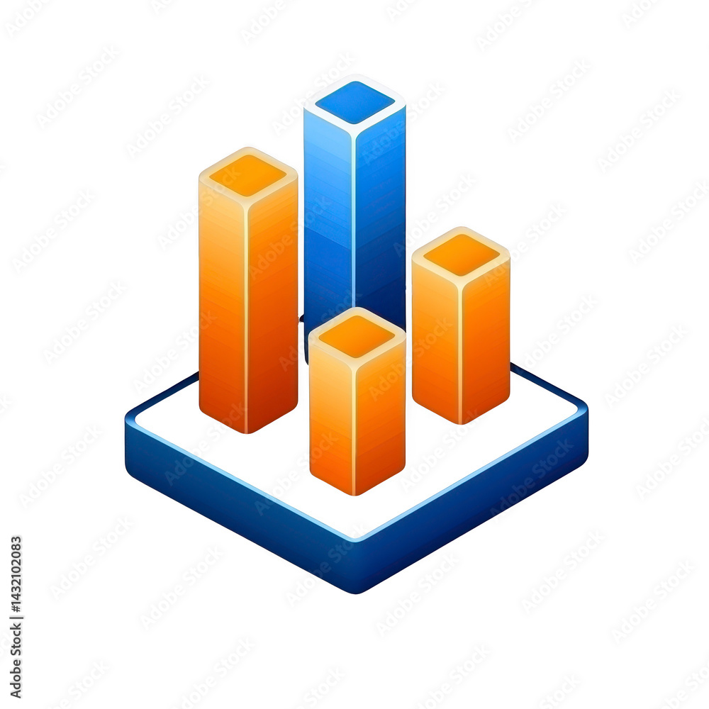 Poster 3d illustration of four vertical bars in varying heights, colored in shades of blue and orange, repr