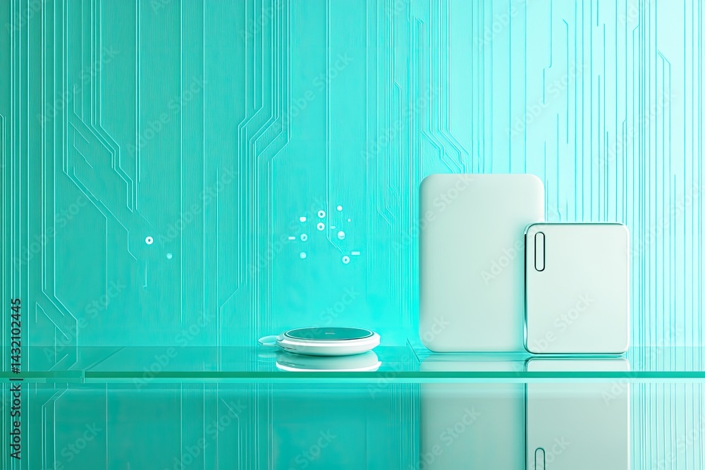 Aufkleber minimalist composition of tech devices on a reflective surface in a teal environment futuristic desi