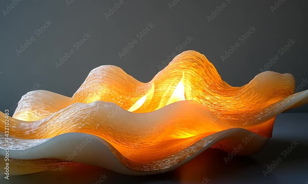 Poster elegant illuminated glass sculpture with flowing waves, casting warm light in a minimalist setting