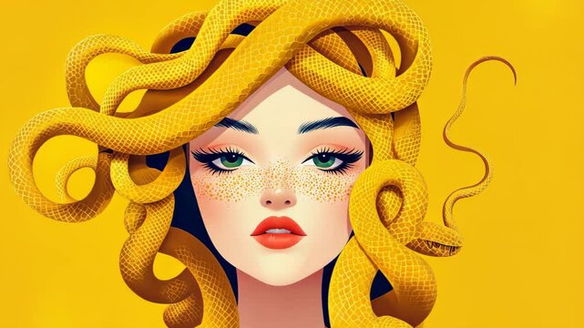 A stunning D illustration of a woman adorned with golden snake hair, featuring intricate patterns on her face.