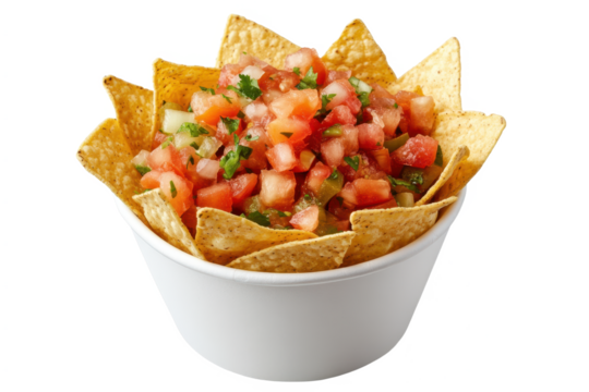 Close up shot of a white bowl filled with tortilla chips and fresh salsa