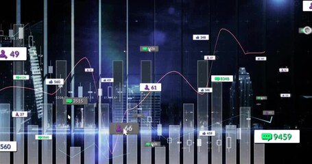3D bar charts and candlesticks streaming across night skyline, showing line graphs and social icons - Powered by Adobe