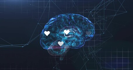 Glowing blue 3D brain hologram floating at center, showing heart icons and linking network lines - Powered by Adobe