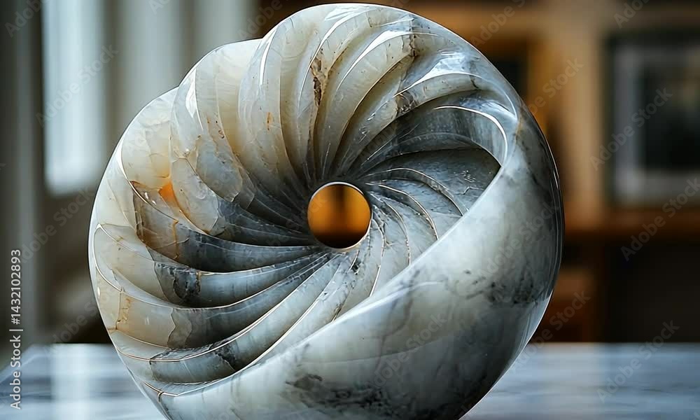 Poster elegant spiral sculpture made of marble displayed on a table with blurred artworks in the background