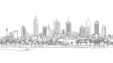Cityscape sketch, modern skyline, palm trees, urban planning, architectural design
