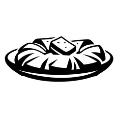 Monochrome drawing of a plate with cubed food in a graphic style