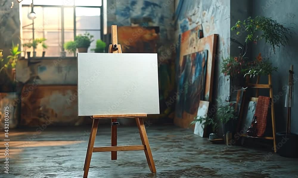 Aufkleber empty canvas on easel in artist studio with colorful abstract paintings in background