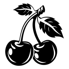 Symmetrical black and white drawing of two cherries on a stem with leaves