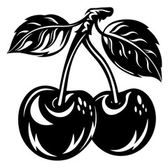 Stylized Vector Graphic of Two Cherries with Leaves in Black and White