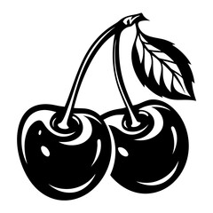 Stylized black and white cherry illustration with a leaf and stems