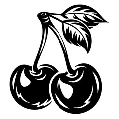 Black and white vector illustration of two cherries with leaves on top
