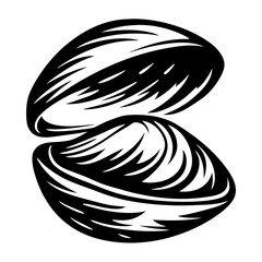Monochrome illustration of a clam with distinct graphic line work design