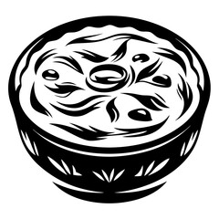 Stylized black and white bowl with decorative food and ornate pattern