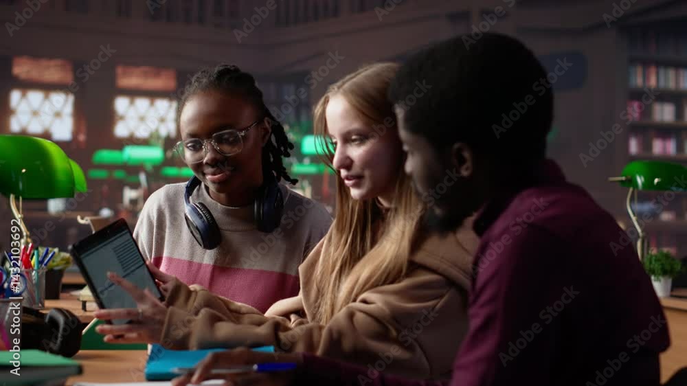 Aufkleber multicultural students group discussing a financial project for a university course, using laptop an